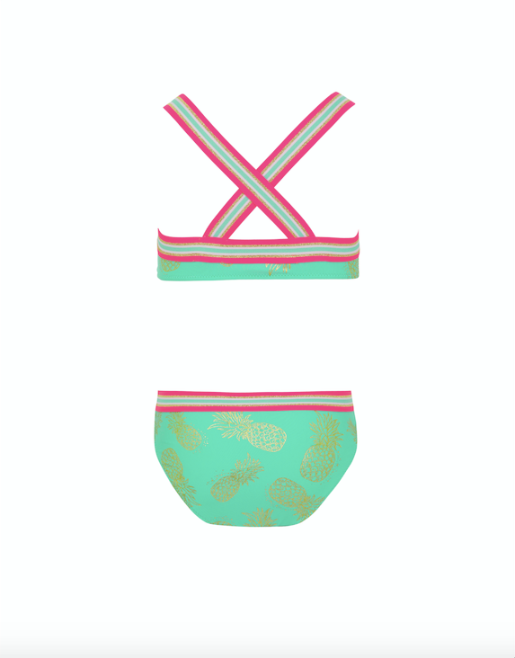 Girl Pastel Green Pineapple Glitter Trim Cross Back Bikini - Il Bambino Store