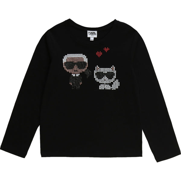 Long Sleeve T-shirt with Embellished Pixelated Karl & Choupette - Il Bambino Store